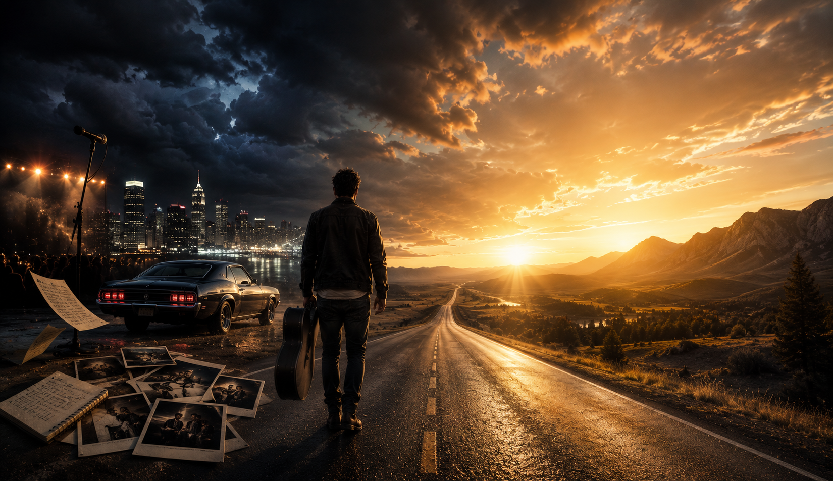A musician walking from darkness toward a bright horizon